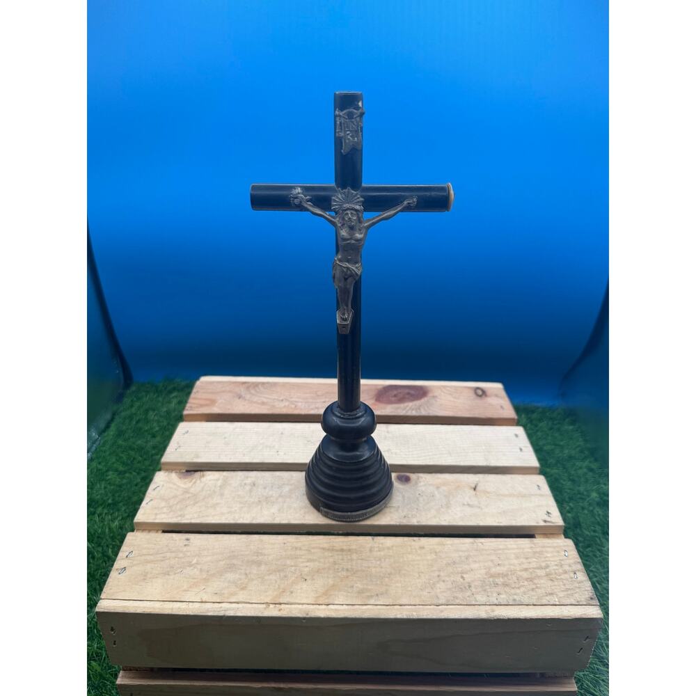 Antique 19thC Wooden Standing Crucifix Cross- Remembrance of Jerusalem Reliquary